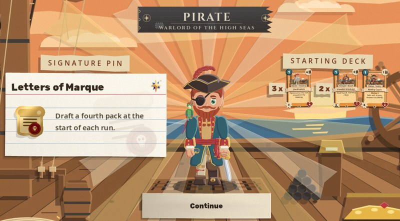 The new-warlord reveal on a phone: a pirate stands on a ship's deck under his sign. On the left a large Signature Pin note reads Letters of Marque: Draft a fourth pack at the start of each run. On the right, under Starting Deck, three cards, the first two with the counts 3 x and 2 x before them