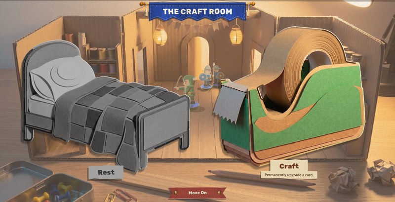 The Craft Room diorama: on the left a bed shown entirely in grey, with a grey Rest tag and nothing under it; on the right a green tape dispenser in full colour with Craft and Permanently upgrade a card, and a Move On button below