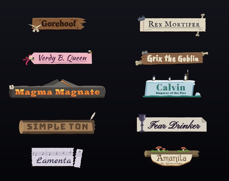 Ten enemy nameplates on a dark background, each a different object with a name on it: a split fence rail with Gorehoof burnt in and two tusks lashed across one end; a torn ledger page headed Rex Mortifer with an iron crown on the corner; a pink gift tag reading Verdy B. Queen with a ribbon, a flower and a bee; a plank daubed Grix the Goblin with a shinbone behind it; a stone slab rising into a volcano cone reading Magma Magnate; a block of sea ice reading Calvin, Emperor of the Floe with three penguins on top; a log with Simple Ton hacked into it; a calling card reading Fear Drinker beside an iron goblet; a strip of sheet music with Lamenta under the notes; and a log with mushrooms and Amanita, the Sporecrown on a bracket fungus