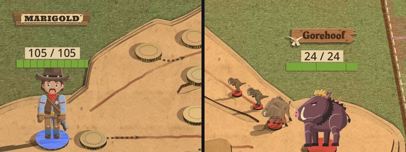 Two views of one battle side by side. On the left a cowboy stands on a blue base under a sign of weathered planks with a yellowed bill nailed to it reading MARIGOLD. On the right a huge purple boar in a gold crown stands among his pieces under a wooden fence rail with Gorehoof burnt into it