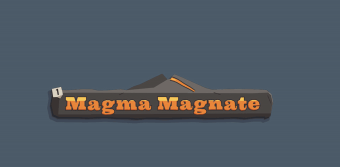 A stone slab with Magma Magnate in orange letters, a volcano cone rising out of its top edge. Paper shards burst out around it, a tall cut-paper flame jets out of the crater and black lava bombs fly out; an ash cloud billows up and breaks apart. Then the volcano keeps going quietly: smoke rolling off the crater, a lick of lava, a gold coin flicked up and falling back