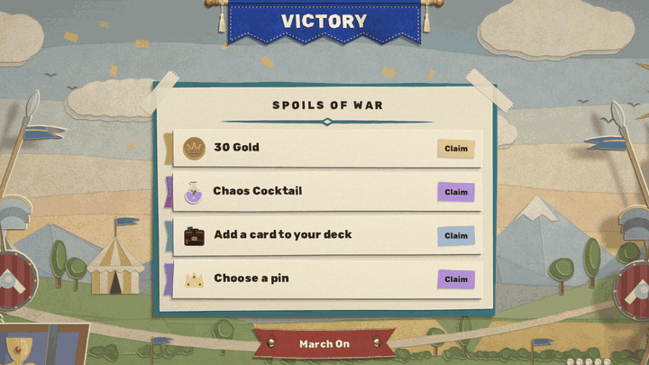The Victory screen's Spoils of War sheet with four unclaimed rewards. The pointer clicks March On and the screen dims. A small sheet of card is tossed in spinning from the lower left, lands slightly crooked and settles taped over the sheet, its buttons' words unfolding from little balls of paper into Go Back and March On, under the line You still have 4 unclaimed rewards. March on anyway and leave them behind? The pointer clicks its March On and the sheet is swept off to the right as the dim lifts