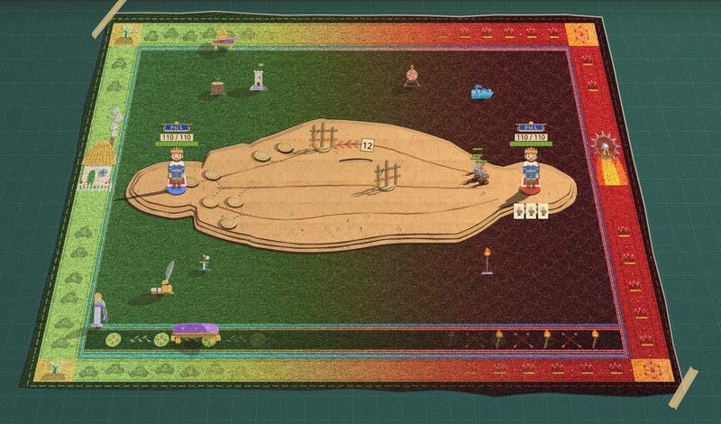 The last fight's board seen from above on a big woven carpet. The left half is a grassy green with pale green side panels showing a thatched cottage with a smoking chimney; the right half is a deep red with red panels showing a burning spoked wheel, and the two blend through brown across the middle of the field. On the left stand a tree stump with a sprout, a little white tower and a broken sword stuck in the ground; on the right, a pink and gold wheel of fortune on a stand, a blue sea serpent in its waves and a torch. The King stands at each end of the cardboard lanes