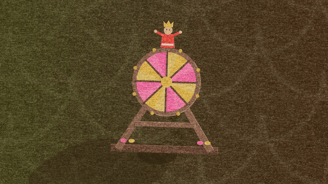 On the red half of the carpet, a pink and gold wheel of fortune stands on a wooden A-frame with a little crowned king in red sitting on top. The wheel spins round twice and the king waves his arms to keep his balance. On the next poke it spins hard and throws him off: he tumbles to the carpet in a puff of dust, sits a moment, then hops back up onto the top of the wheel