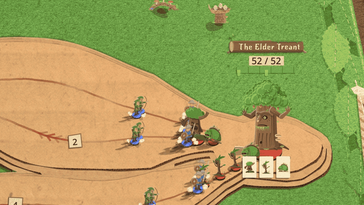 On a kraft board on green felt, a ridge runs through the board from the Elder Treant toward a small line of soldiers. The board tears open and a great brown root arches up out of it and drives its tip down in front of the line, throwing the soldiers back, then sinks away and leaves cracks across the roads