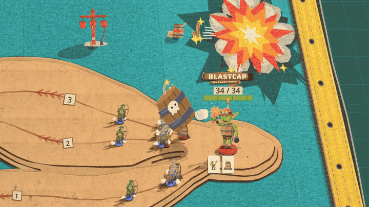A goblin in a miner's helmet lobs a wooden keg with a skull painted on it. It thuds down in front of a line of soldiers, rocks and skids, the fuse sputters, and it blows apart in a red cut-paper burst, its staves flying and the line thrown back