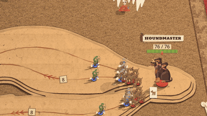 A huge dark hound's head comes down out of the top of the frame with its jaws wide, while a lower jaw of teeth rises out of the board under it. The jaws snap shut on the soldiers in front of the Houndmaster, shake, and part, leaving rows of red tooth marks down the roads
