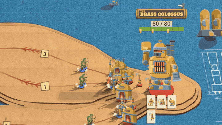 Beside the Brass Colossus, a brass forge press with a pressure gauge lets down on a steel rod, hisses, then stamps down onto the board in front of him, steam blowing out flat both ways and the soldiers thrown back along jagged blue cracks