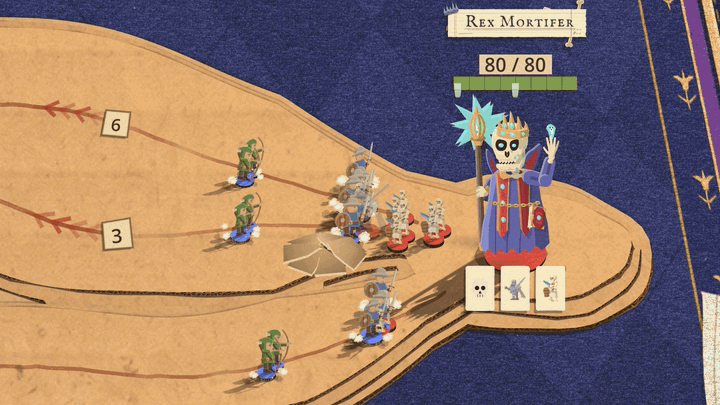 In front of Rex Mortifer, a crowned skeleton in purple robes, the board tents up and rips, and a giant bone hand claws up through the hole, swats down across the soldiers, grips, and drags back under, leaving finger furrows down the roads