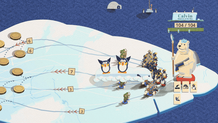 On a sea-ice board, an iceberg with penguins on top shoulders up out of the floe in front of Calvin, the polar bear, teeters, and falls over onto the soldiers, the sea opening round it. It sinks where it lies and leaves cracks across the ice