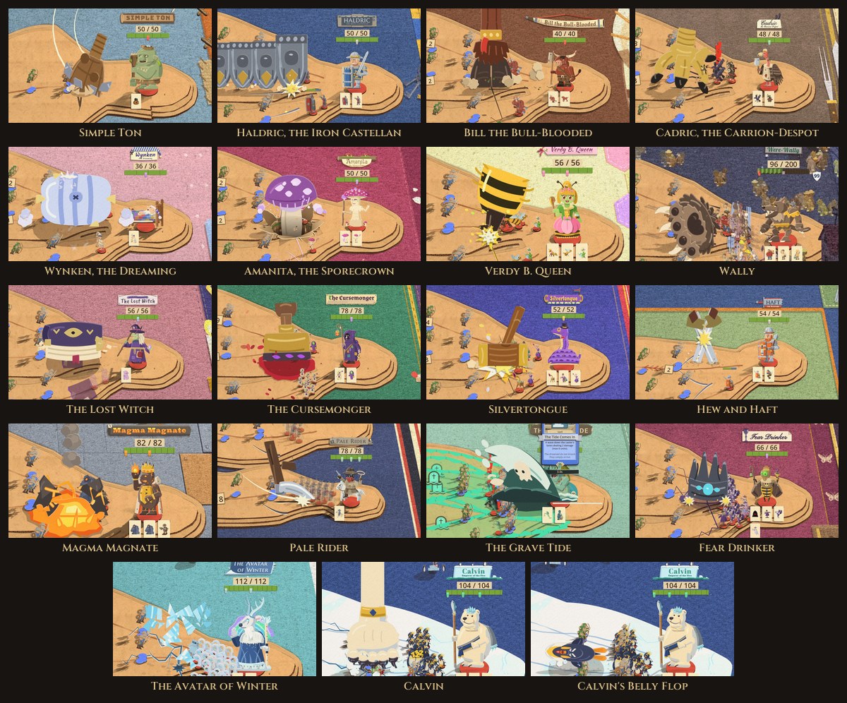 Nineteen small battle pictures in a grid on a dark background, each with a lord's name under it and the lord's blow landing in front: Simple Ton's club buried in the board, Haldric's wall of tower shields, Bill's hoof, Cadric's talon raking, Wynken's striped bolster, Amanita's purple mushroom, Verdy's striped sting, the werewolf Wally's clawed paw at night, the Lost Witch's shut grimoire, the Cursemonger's seal in red wax, Silvertongue's gavel, two crossed swords before Haft, the Magnate's lava bomb splatting, the Pale Rider's scythe, the Grave Tide's curling wave, Fear Drinker's dark crown, the Avatar of Winter's shattered icicle, a polar bear's paw before Calvin, and Calvin's penguin on its belly