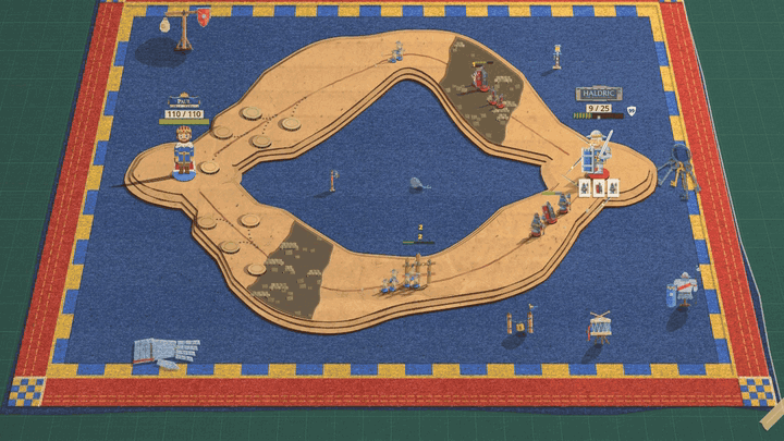 A felt mat with a ring-shaped cardboard road sits on a desk. The camera pulls back to show a long painted castle along the back wall, then moves in as a drawbridge drops in front of its gate. Four knights carry the quarters of a gold shield over their heads out of the gate and round the mat to Haldric, a fifth man welds the quarters together in front of him, the four throw the shield to Haldric, he catches it, +1 Armor floats up off him, he throws his old blue shield back, and the welder carries it home before the bridge goes up