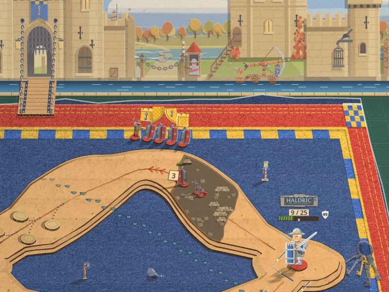 Four knights in blue and red carry four gold shield quarters over their heads along the top edge of a blue felt mat, below a painted castle wall with its drawbridge down over the moat. A ring-shaped cardboard road runs round a pool of felt, and Haldric stands at its right end under his nameplate, a bunch of iron keys beside him