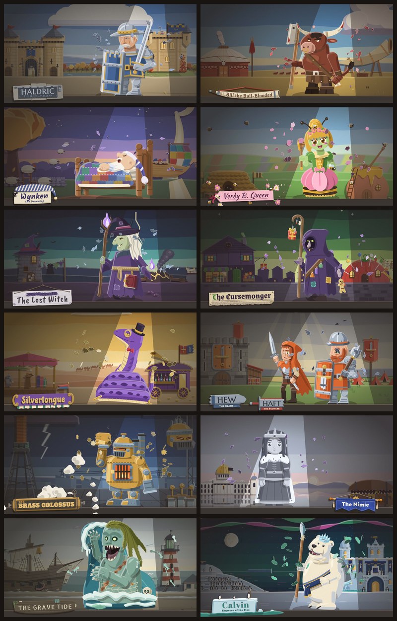 Twelve entrance pages in a grid, each a lord standing in a spotlight in front of his own painted world with his nameplate on the lower left: Haldric in armour with a tower shield before two castles, Bill the Bull-Blooded with a cleaver by a yurt, Wynken asleep in a patchwork bed under a night sky, Verdy B. Queen in a pink petal skirt by a hive, the Lost Witch with a glowing staff, the Cursemonger in a purple hood holding a crooked staff, Silvertongue the snake in a top hat coiled by a market stall, Hew and Haft the Twins side by side with two plates, the Brass Colossus in a foundry, the Mimic as a silver copy of the Queen with its plate on the lower right, the Grave Tide in a sea-green wave by a lighthouse, and Calvin the polar bear with a spear in front of an ice palace