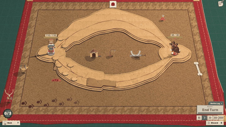 A sheet rolls on over a round dirt arena and lays down a kennel yard at sunset, a log cabin with antlers over the door. A black silhouette of a three-headed hound runs in; the lights hit and he is a black and tan dog with three heads in spiked red collars, and the heads bite to the left one after another while pairs of cut-paper jaws snap in the air beside them. His plate, Houndmaster on a torn strip, sits on the lower left; then the page peels off and the plate flies to his head