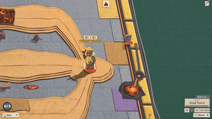 A sheet rolls on over the Magnate's board and lays down his world at night: a domed palace, a volcano and a brick kiln. A glowing crack opens across the stage floor, three tall jets of lava go up out of it, and a black silhouette in a crown surges up between them. The lights hit: he is the Magma Magnate, crowned, a torch in one hand and an ermine cape behind him, the jets fall back and the crack cools. His plate, a stone slab with Magma Magnate in orange letters, is slapped on the lower left and its little volcano smokes; then the page peels off and the plate flies across the board to his head