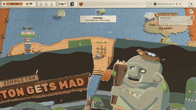 A fight on a blue felt blanket: the King at the left end of a cardboard board, Simple Ton the green troll at the right with "Troll... winding up. Soon... Big smash." over him, and the hand of cards at the foot of the screen. The camera is knocked back until the whole box is in frame, the blanket on the desk and the meadow card with its rainbow on the wall behind. A ridge of cloth races out across the felt from Ton's end, the near corner flips up and flops back, the card on the wall drops crooked on one tape, and the camera comes back in on a blanket left in rumpled folds and hummocks, Ton saying "Ton not wait anymore."