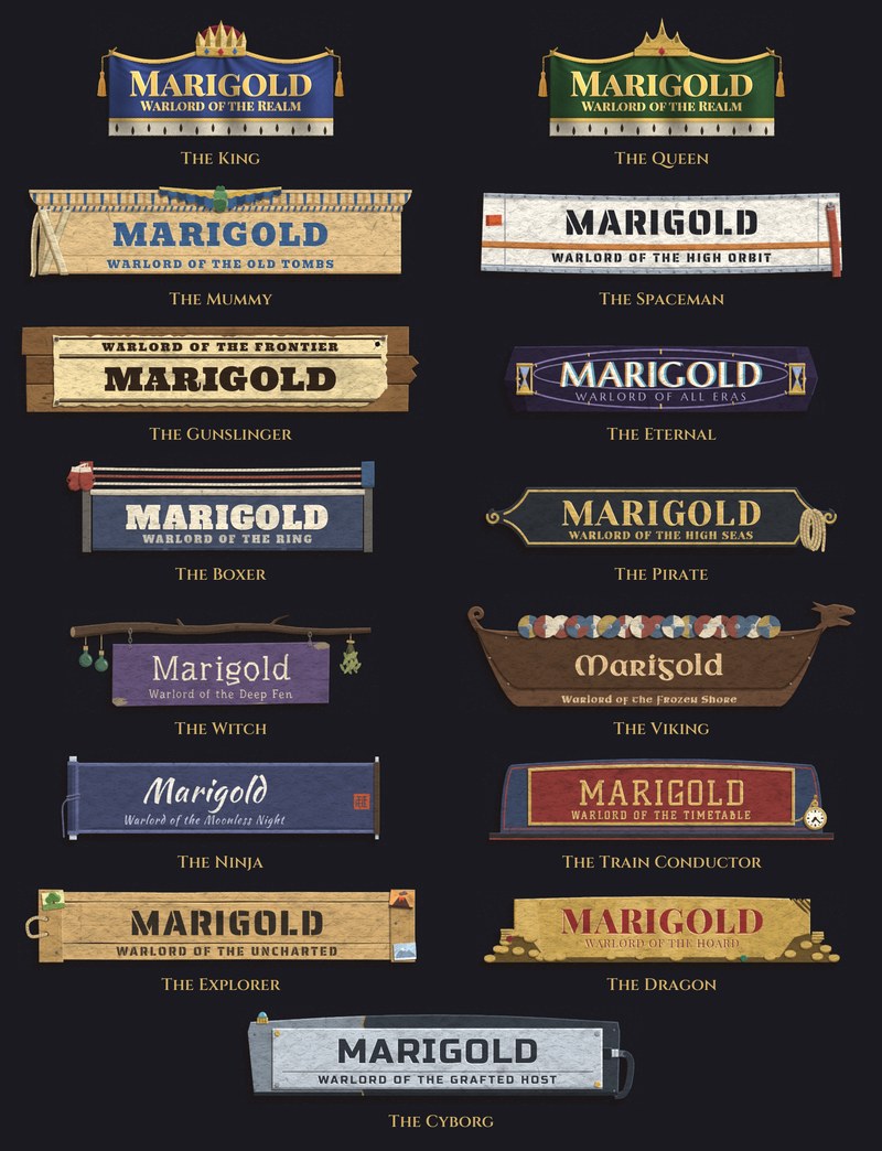 Fifteen painted name signs on a dark board, each carrying the name Marigold and its warlord's epithet, with the warlord named in gold under it: the King's blue velvet cloth under a gold crown with an ermine hem, the Queen's in green under a tiara, the Mummy's sandstone lintel, the Spaceman's white panel, the Gunslinger's poster on planks, the Eternal's dark clock face with hourglasses, the Boxer's ring apron under three ropes, the Pirate's board with a coil of rope, the Witch's shingle hung from a branch, the Viking's longship lined with shields, the Ninja's scroll, the Train Conductor's station sign with a pocket watch, the Explorer's crate board, the Dragon's gold plaque on a heap of coins, and the Cyborg's steel plate