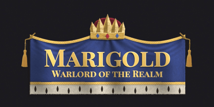 The King's blue velvet name sign, reading Marigold, Warlord of the Realm under a gold crown. A mouse pointer sweeps across it twice; the velvet drags and tilts under the pointer, the ermine hem bends and a tassel swings, and after the pointer leaves the cloth eases back into its two swags and hangs still