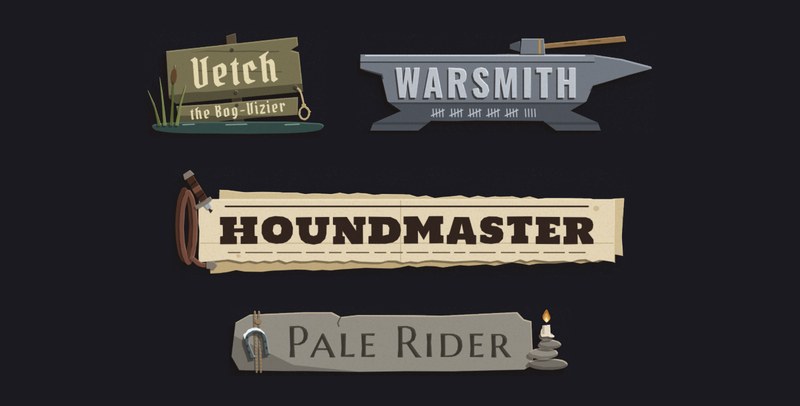 Four enemy lords' painted name plates on a dark board: a mossy swamp sign reading Vetch, the Bog-Vizier among bulrushes with a noose hanging off it, an iron anvil reading Warsmith with a hammer on top and tally marks, a paper bill reading Houndmaster with a coiled leash at its left end, and a grey waystone reading Pale Rider with a horseshoe hung on twine at the left and a candle on stacked stones at the right