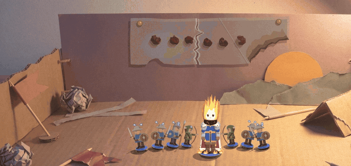 A grey card strip pinned with two brass tacks to a dusky cardboard backdrop with a paper sun setting behind hills. DEFEAT forms on it already split down the middle; then the tear gives, both halves swing down off their tacks and hang crooked with the word broken into DEF and EAT, and a small scrap drops out of the tear. Below, the King's figure stands among his troops with teardrops over his head