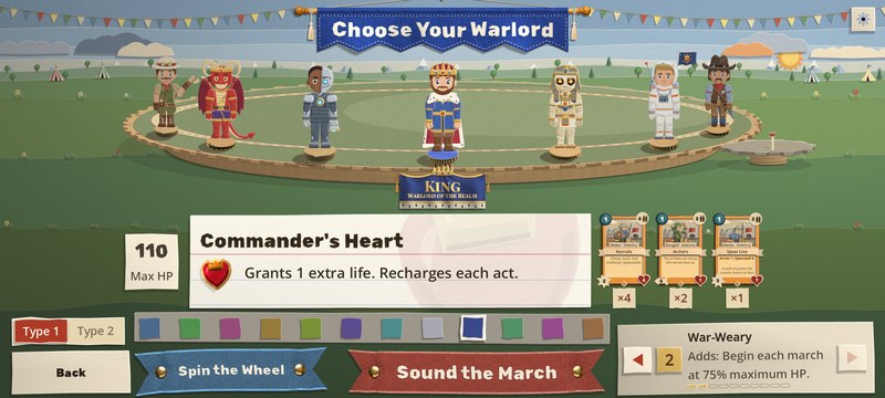 The warlord select screen at a phone's shape. Seven standing paper warlords on a wheel under a blue Choose Your Warlord banner, the King in front; under him his blue velvet sign reading KING, Warlord of the Realm. Below: his Max HP of 110, his pin Commander's Heart, three starter cards, a single row of twelve colour chips, Type 1 and Type 2, and the buttons Back, Spin the Wheel and Sound the March, with the ascension card War-Weary at the right
