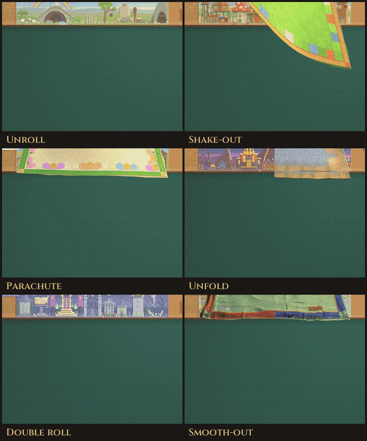Six views of an empty desk, each with a felt mat coming down in a different way and a lord's back wall behind it. Unroll: a tube of blue felt drops at the back and rolls toward you. Shake-out: a green mat is flicked in from the side and settles far edge first. Parachute: a cream mat floats down flat and a bubble of air runs out from under it. Unfold: a grey square folded in four lands and opens out, half by half, into a slate mat. Double roll: two navy rolls land in the middle and roll apart to the edges. Smooth-out: a mat lands rumpled and its creases flatten. Every one ends flat and taped at the corners, with the cardboard board landing on it
