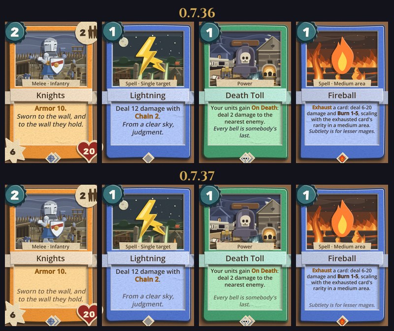 Two rows of the same four cards, Knights, Lightning, Death Toll and Fireball, the top row labelled 0.7.36 and the bottom 0.7.37. On top the italic flavour line sits right under the rules in nearly the same dark ink; below, it sits at the bottom of the text box in a lighter brown, with empty space between it and the rules