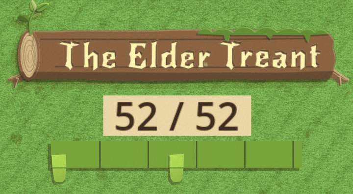 The Elder Treant's log nameplate over his health readout, 52 / 52, and a flat green paper health strip with two small paper tabs hanging under it. The health drops to 49, 45, 32 and 28; each time the green part of the strip folds into pleats, and the tabs bend with the pleats under them and stay at their place along the strip