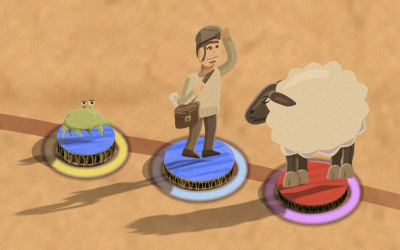 Three pieces stand on a sandy road. A small green larva on a blue stand has a pale gold ring lying round the foot of its stand, a villager in a cap and satchel has a pale blue one, and a sheep on a red stand has a violet one. Each ring hugs the stand's own oval, bright along most of its length and dimmer along a short stretch at the back