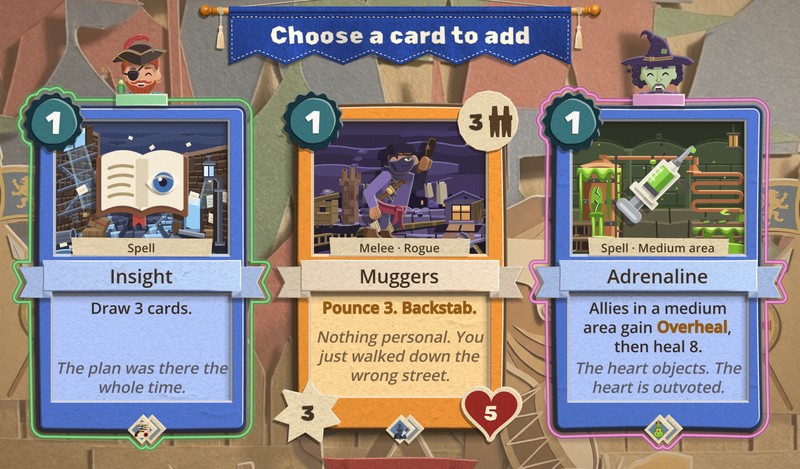 A Choose a card to add pick with three cards: Insight, Muggers and Adrenaline. A pirate's head pokes up over Insight and a witch's over Adrenaline. Insight is outlined in green and Adrenaline in pink, each line following the card's own edge, bumping out round its cost gem. Muggers in the middle has no outline