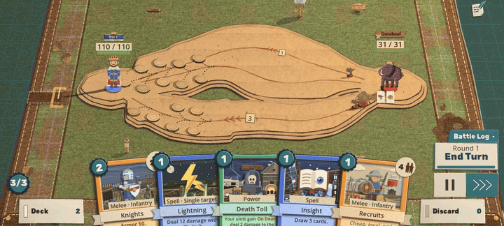A phone-shaped view of a battle with five cards in hand. A finger mark presses the first card, Knights, which rises enlarged to be read; the finger slides right along the hand and Lightning, Death Toll and then Insight each rise in turn in its place. The finger then slides straight up, Insight lifts out of the hand onto the field and is played, the energy counter drops from 3/3 to 2/3 and three new cards are dealt into the hand