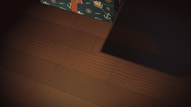 A wrapped box on a dark wooden table, its paper printed with anchors and ships' wheels and tied with a red bow and a name tag. The bow is pulled loose, the paper is torn off in strips that flutter down round the box, the lid is lifted off and thrown aside, and white tissue is parted to show the Pirate, a red-haired captain in a tricorn and eyepatch with a parrot on her shoulder, lying inside. Paper confetti falls over her and she dances, shaking it off