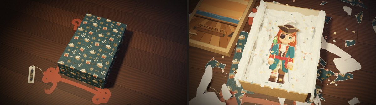 Two pictures side by side. On the left, the Pirate's present on a dark wooden table: a box wrapped in teal paper printed with anchors and ships' wheels, a red ribbon round it and a paper tag. On the right, the same box opened from above, torn paper and white scraps all over the table, the lid lying beside it, and the Pirate lying on white tissue inside with a scatter of confetti on her