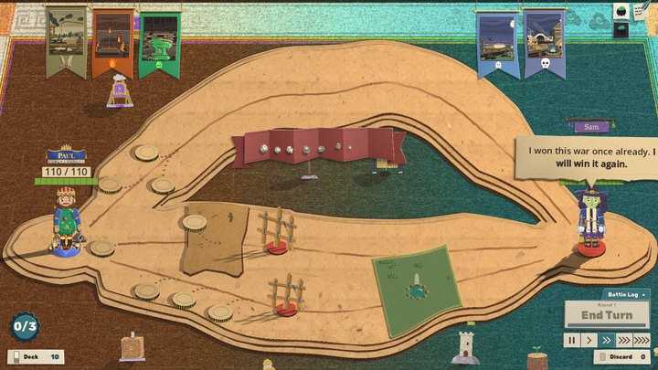The Act IV board, a long cardboard ring on teal and brown felt. Three painted pack tapestries hang over the top left and two over the top right. The King stands at the left end and the Witch at the right, saying "I won this war once already. I will win it again."