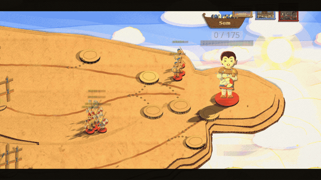 A queen in a crown and blue robe stands in a burst of gold rays on a cardboard board floating in the sky and grows huge. She picks up a small man in a tunic and throws him off the board. The camera falls after him through pink clouds, past green hills with red-roofed houses, down through brown earth, grey rock with bones in it and red lava, and he lands in a black cauldron between two red imps with pitchforks while a horned red devil's face rises behind it