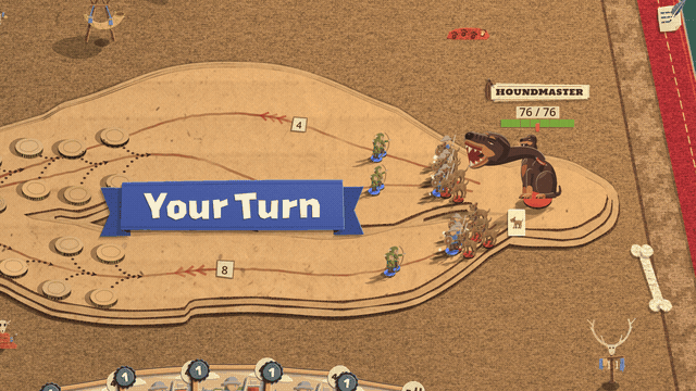On a cardboard board, the Houndmaster, a three-headed black and tan dog, sits at the right end with soldiers in front of him. His near head stretches out on a long neck, grows huge and opens its jaws over the soldiers, bites down into the board, shakes, and pulls back to his shoulders, leaving the soldiers thrown back and rows of red tooth marks down the roads