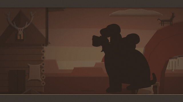 The Houndmaster's entrance page: a kennel yard at sunset with a log cabin and antlers over the door, his plate reading HOUNDMASTER on the lower left. In the spotlight, his three heads rear back one after another with their jaws wide open, showing gums and teeth, then snap shut and tug