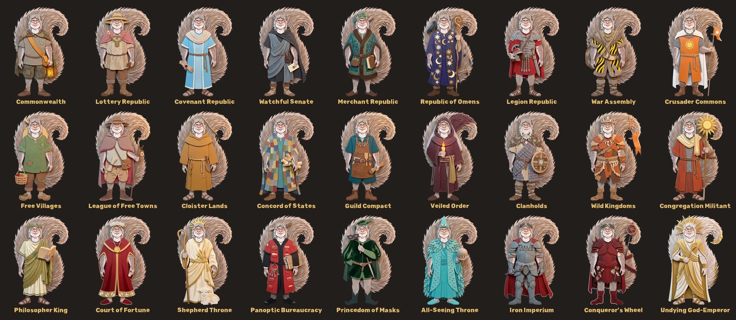 Twenty-seven paper cut-outs of Uncle Jim in a grid on a dark board, each in a different government's costume, with the government's name in gold under each, from the Commonwealth to the Undying God-Emperor