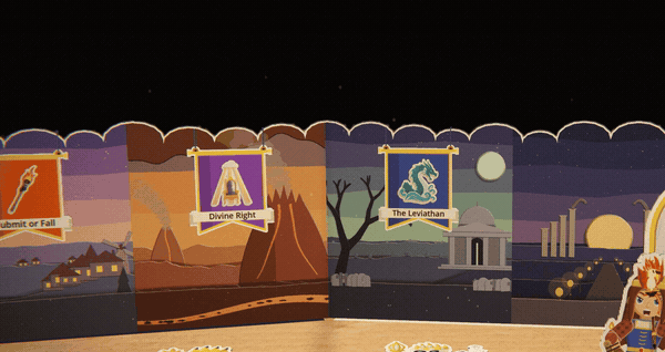 The same row of panels with three vow banners hanging on them. A fourth cloth on a gold rod, a gold sun over a stepped pyramid reading The Undying God-Emperor, swings up over the last panel and hangs, with the warlord standing in front of it