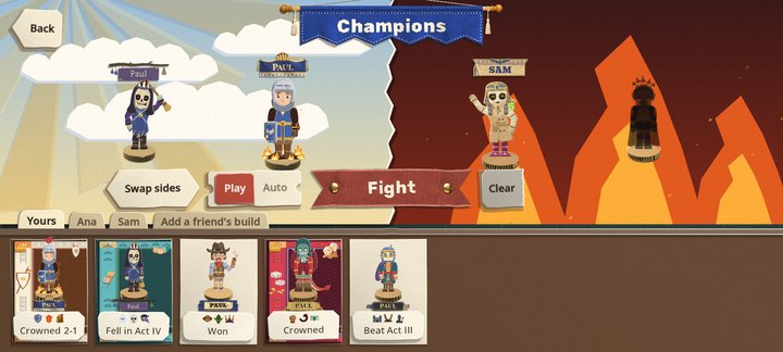 The Champions table: a torn sheet with a sunny sky and clouds on the left and red flames on the right. On the left two warlords stand on bases with their signs over their heads, a skeleton and a knight with a shield; on the right the Mummy, and an empty base in shadow. Under them, Swap sides, a Play and Auto switch, a red Fight ribbon and Clear, and a drawer of build cards below with tabs for Yours, Ana, Sam and Add a friend's build