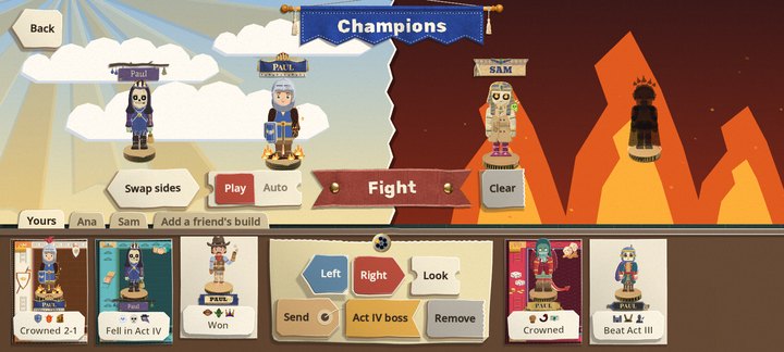 The Champions drawer with a cream slip dealt in between two build cards. On the slip, arrow tags reading Left and Right, a ticket reading Look, a luggage tag reading Send, a pennant reading Act IV boss and a torn strip reading Remove