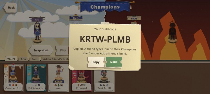 A torn cream note over the Champions table reading Your build code, KRTW-PLMB, and under it "Copied. A friend types it in on their Champions shelf, under Add a friend's build.", with Copy and Done buttons