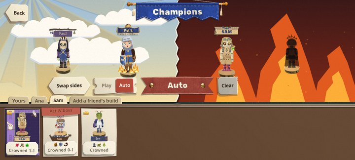 The Champions table with the Sam tab open in the drawer: three of Sam's builds, one marked Act IV boss on a red pennant. Three warlords stand on the bases, and the switch is set to Auto