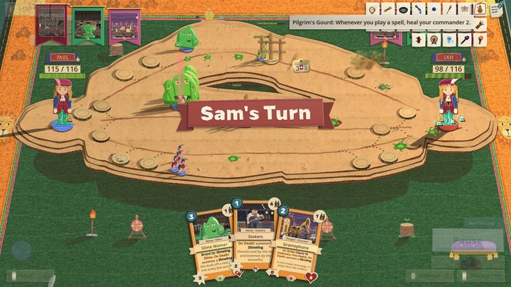A Champions fight on a green felt mat: the board between two Pirates, PAUL on the left and SAM on the right, a red ribbon across the middle reading Sam's Turn, and Sam's hand of three cards fanned at the bottom