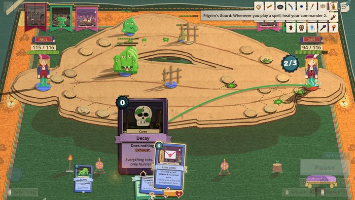 The same fight a moment later: Sam's hand at the bottom, the curse card Decay and the spell Love Letter lifted out of it, and a green aim line running from the cards to Sam's end of the board