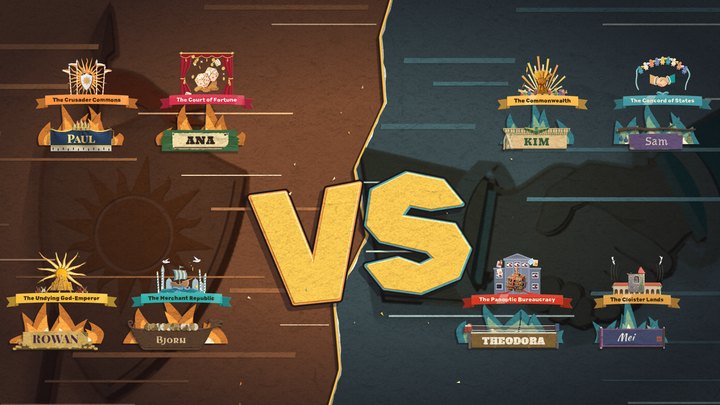 The versus screen for four against four: PAUL, ANA, ROWAN and BJORN on the left half, each sign under its government's crest in orange flames; KIM, Sam, THEODORA and Mei on the right half in blue flames; a big card V and S between them