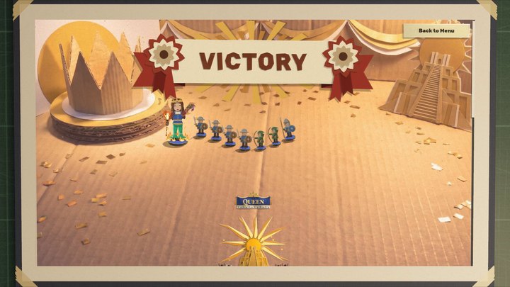 The victory page in the crown's room, dressed in gold: a cardboard crown on a drum at the left, a gold stepped pyramid at the right, gold confetti on the floor, a VICTORY ribbon with two rosettes, and the warlord with her troops; at the bottom, a gold sun nameplate under a QUEEN sign