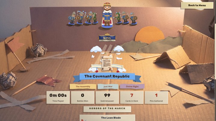 A defeat page in a ruined cardboard room at dusk: the King and his troops on a shelf at the top, his KING sign, and under it a scroll on a blue ribbon reading The Covenant Republic, with three vow tags under it, The Assembly, Just War and Divine Right