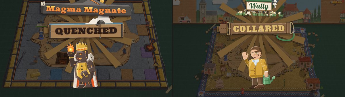 Two pictures side by side. On the left, the Magma Magnate in his crown under his stone sign, a plank reading QUENCHED hanging under it with steam rising behind it. On the right, Wally waving with his watering can under his sign, a leather collar reading COLLARED hanging under it